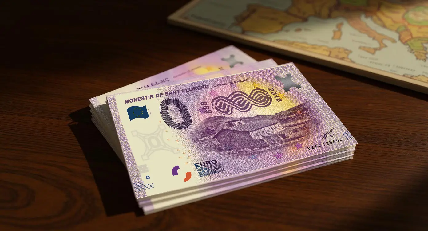 Colección de billetes de 0 euros sobre una mesa.